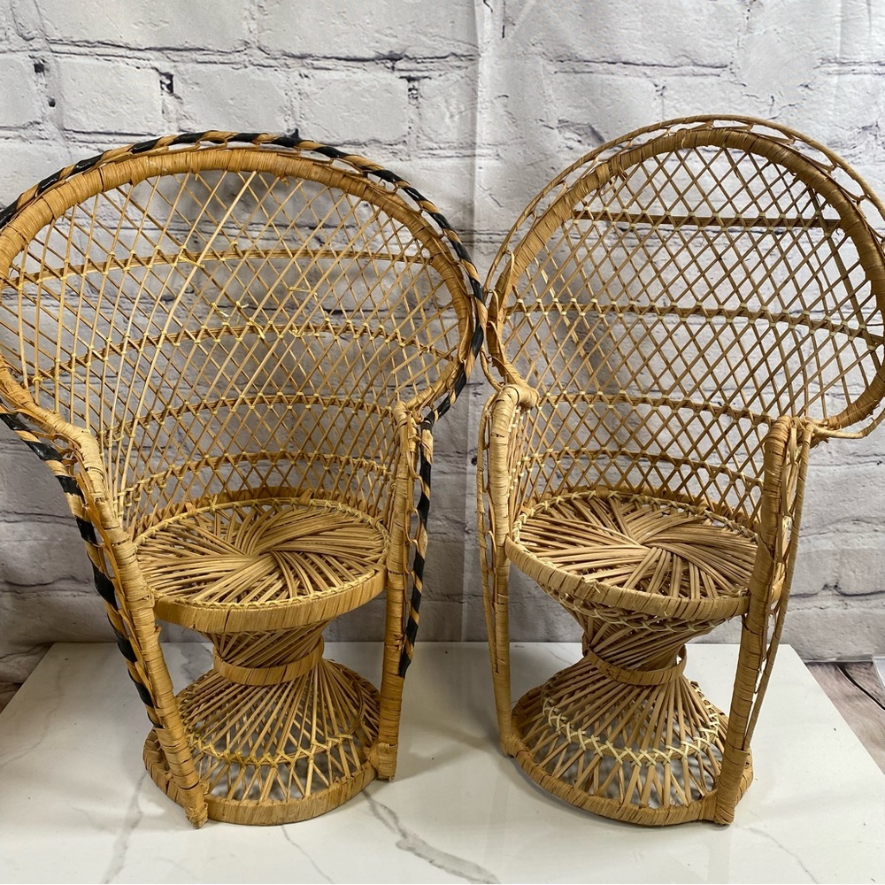 Set Of 2 Small Rattan Peacock Chair Plant Stand Wicker Vintage Boho Decor Doll